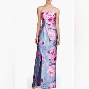 Kay Unger Blue and Pink Floral Strapless Dress